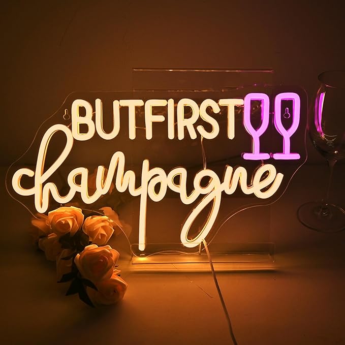 Wanxing LED Neon Light Sign - But First Champagne Neon Sign with Glass Design - Wall Decor for Home Bar, Kitchen, Man Cave, Pub, Weddings, Birthdays, Graduations, and Christmas Gifts - Size: 16.3" x 9.45", USB Warm Light