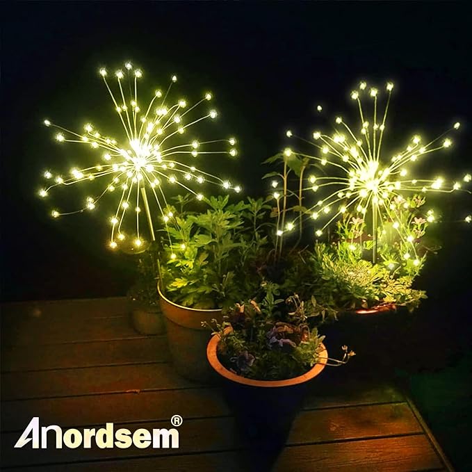 Anordsem Solar Lights Outdoor Decorative: Bendable Copper Wire with 120 LED Firework Beads - Waterproof 2 Warm Lighting Modes Yard Garden Patio - Christmas Gifts for Homeowner Over 30