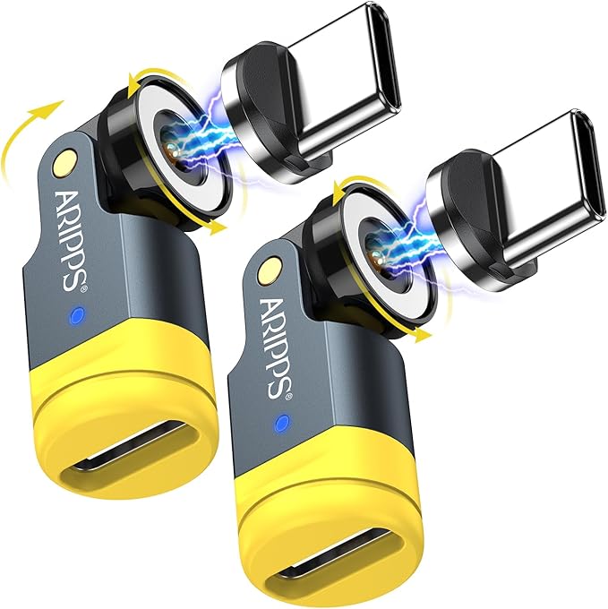 USB C Magnetic Adapter (2-Pack), USB C 90 Degree Adapter/C Right Angle Adapters/360 &180 Degree C to C Adapters for Phone 17/16/15, Pad Series, Samsung Galaxy, Tablet-Yellow