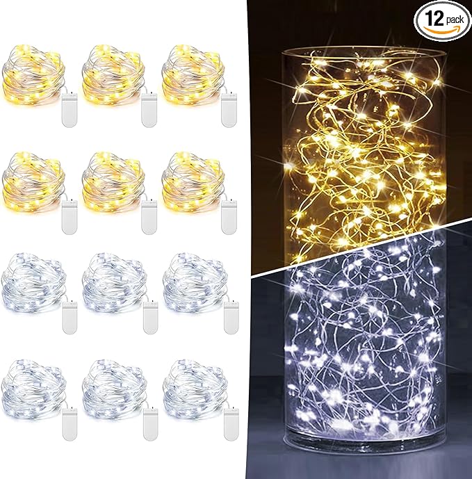 12 Pack Fairy Lights Battery Operated 7ft 20 LED Mini String Lights Twinkle Lights Silver Wire Firefly Starry Lights for Mason Jars Wedding Party Christmas Centerpiece Decor, Warm White & Cool Whtie