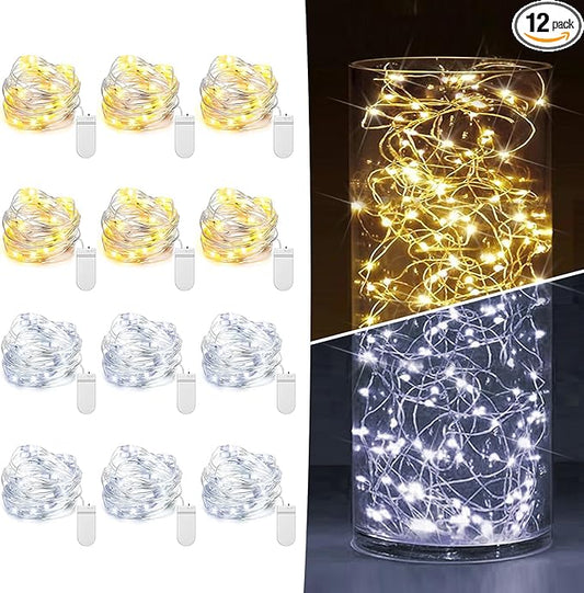 12 Pack Fairy Lights Battery Operated 7ft 20 LED Mini String Lights Twinkle Lights Silver Wire Firefly Starry Lights for Mason Jars Wedding Party Christmas Centerpiece Decor, Warm White & Cool Whtie