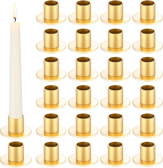 24 Pcs Gold Taper Candle Holders Bulk for Pillar Candles Metal Short Candlestick Holder Gold Centerpieces Decoration for Christmas Thanksgiving Anniversary Dinner Party