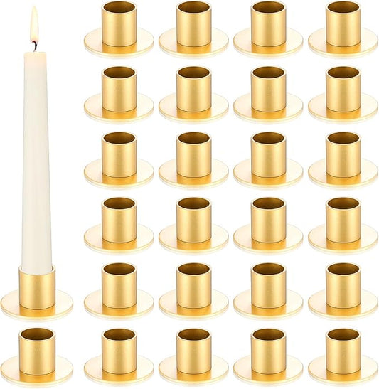 24 Pcs Gold Taper Candle Holders Bulk for Pillar Candles Metal Short Candlestick Holder Gold Centerpieces Decoration for Christmas Thanksgiving Anniversary Dinner Party
