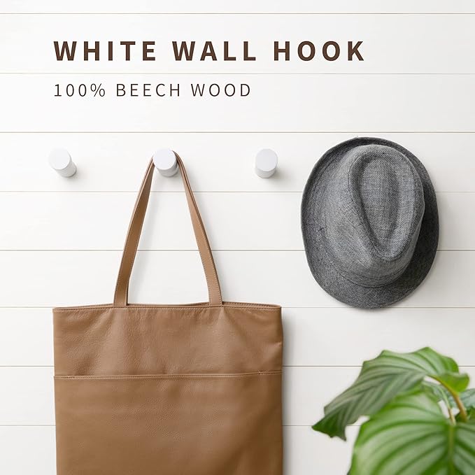Wooden White Wall Hooks - Pack of 4 - Wall Mounted Decorative Hook - Modern Farmhouse Wood Pegs for Hanging Hat, Coat, Robe - Purse and Backpack Hanger for Entryway