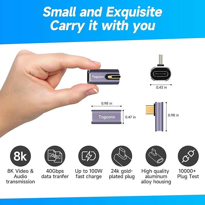 90 Degree Right Angle USB C Adapter (2 Pack), USB Type-C Male to Female Extender Connector, 40Gbps, 8K@60Hz Compatible with MacBook Pro/Air, iPhone 15/15 Pro Max, iPad Pro, Tablet, Phone, More