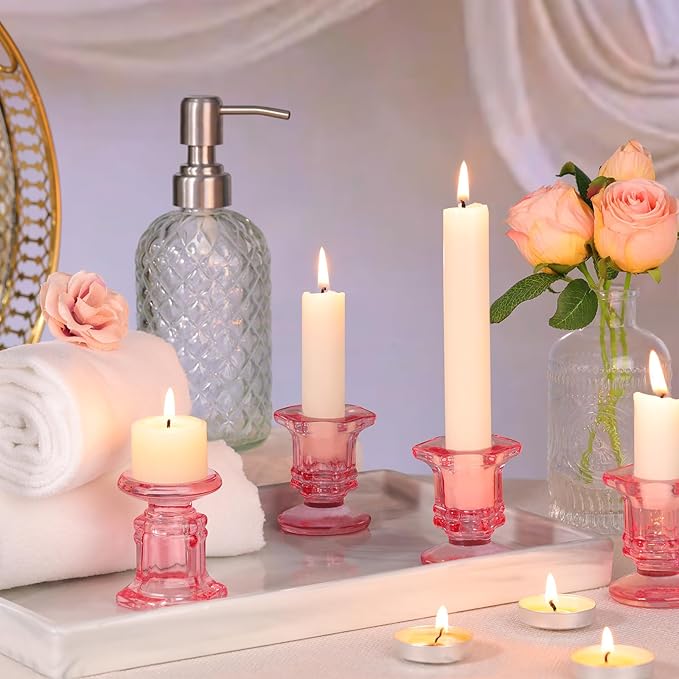 Pink Candlestick Holders Bulk, 12 Pcs Glass Candle Holders Set,Crystal Taper Candle Holder for Wedding, Table Centerpiece, Home Decoration