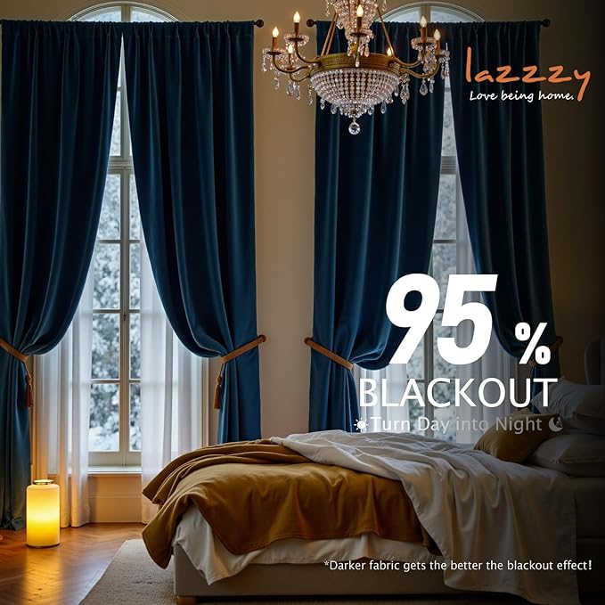 Lazzzy Velvet Blackout Curtains Thermal Insulated Room Window Drapes Super Soft Luxury Curtains for Living Room Bedroom Rod Pocket 2 Panels, Dark Blue, 52" W x 102" L