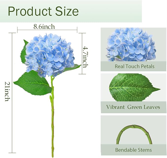 6 Pcs Real Touch Blue Hydrangea Artificial Flowers with Stems, Fake Silk Flowers for Outdoors, Artificial Flowers for Home Decor Wedding Bouquets Centerpieces Vase