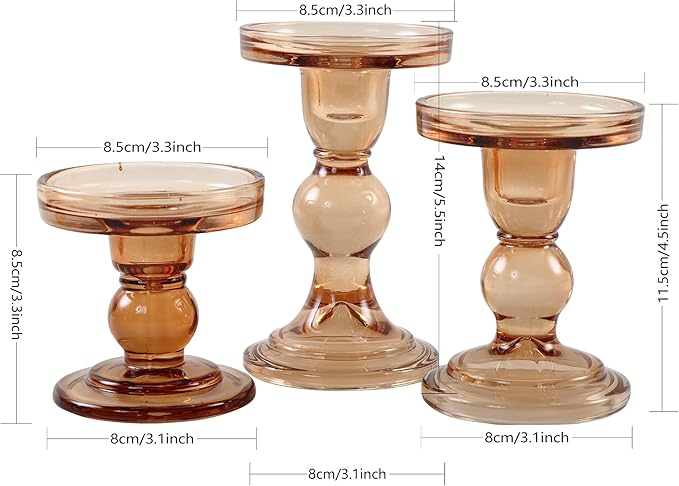 GMWD 3 Pcs Glass Candle Holder Set Clear, Amber Candlesticks Holders Pillar Taper Candles Tealight Stand for Wedding Centerpieces Home Decorations Dining Table