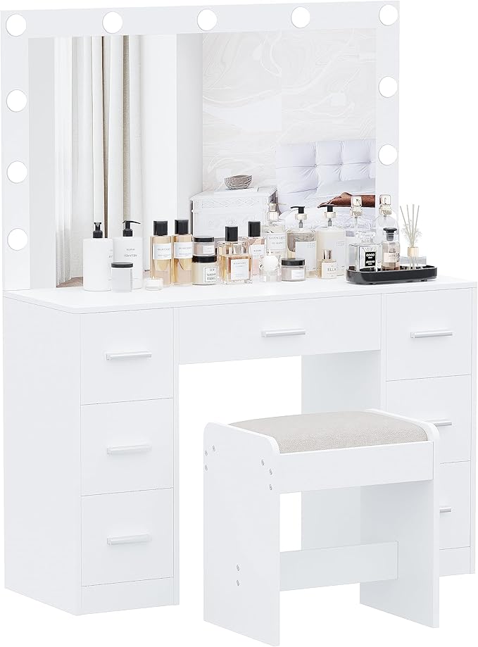 Irontar Vanity Desk with Stool, Makeup Table with Lighted Mirror, 3 Color Lighting Modes, Brightness Adjustable, Dressing Table with Drawers, Bedroom Vanity Table Set for Women, White