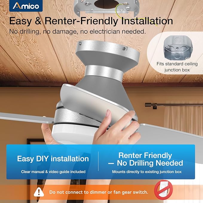 Amico Ceiling Fans with Lights, 52 inch Low Profile Ceiling Fan with Light and Remote Control, Flush Mount, Reversible, 3CCT, Dimmable, Noiseless, Silver Ceiling Fan for Bedroom, Indoor/Outdoor Use