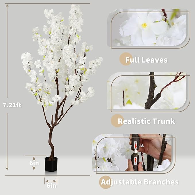 7.2ft Tall Artificial White Cherry Blossom Tree Indoor Decor, Fake Silk Flower Cherry Tree Plant Outdoor, Faux Flowering Tree Realistic for Home Living Room Front Door Office