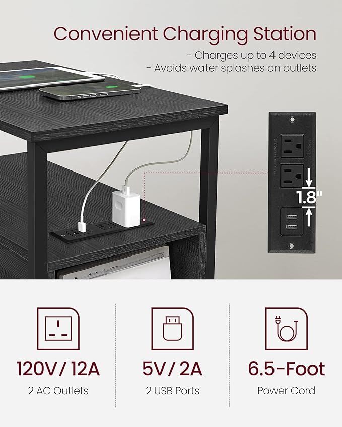 VASAGLE Side End Table with Charging Station, Slim Nightstand with 2 Drawers, Narrow Bedside Table for Living Room, Small Spaces, Charcoal Gray and Ink Black ULET321B22