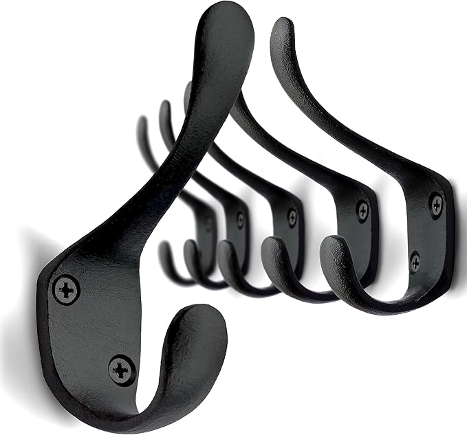 5 Pack Decorative Cast Iron Heavy Duty Double Hooks, Wall Mounted Coat Hooks, Vintage Inspired (Antique Black) (Spoon Hook)