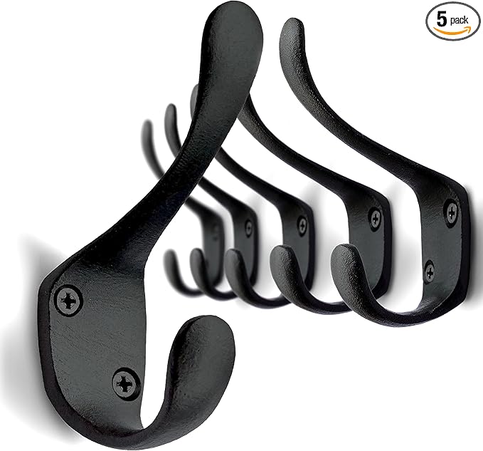 5 Pack Decorative Cast Iron Heavy Duty Double Hooks, Wall Mounted Coat Hooks, Vintage Inspired (Antique Black) (Spoon Hook)