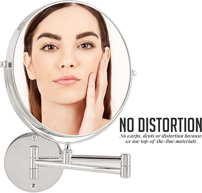 OVENTE 9" Wall Mounted Makeup Mirror with 1X/10X Magnification, Double Sided Magnifying Round Bathroom Vanity Mirror, 360° Swivel Design, Extendable and Folding Arm, Polished Chrome MNLFW90CH1X10X