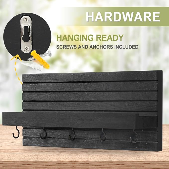 Decorative Key Holder for Wall with Shelf, Entryway Shelf with Hooks Holds Leashes, Jackets and Glasses – Sturdy Wood Keyholder Entrance Hanger with Mounting Hardware (Black, Medium)