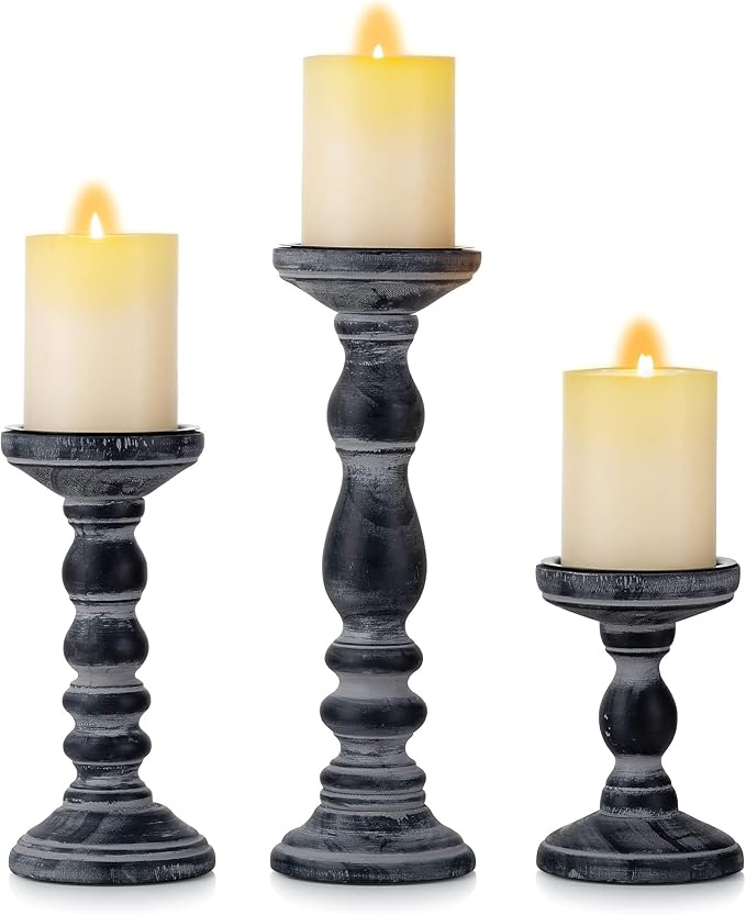 Wood Pillar Candle Holder: 3Pcs Rustic Candle Holders for Pillar Candles Wood Candle Holders Distressed Wooden Farmhouse Large Candle Holder for Fireplace Table (Black, 6", 8", 12")
