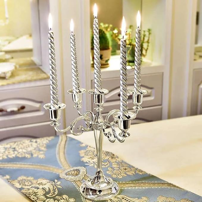 Black Candelabra Candle Holders for Pillar Candles 10.6 inch Tall, 5 Candle Candlestick Holder for 1/2-1 inch Taper Candles Halloween Candelabra Decoration Easy Assembly (Silver)