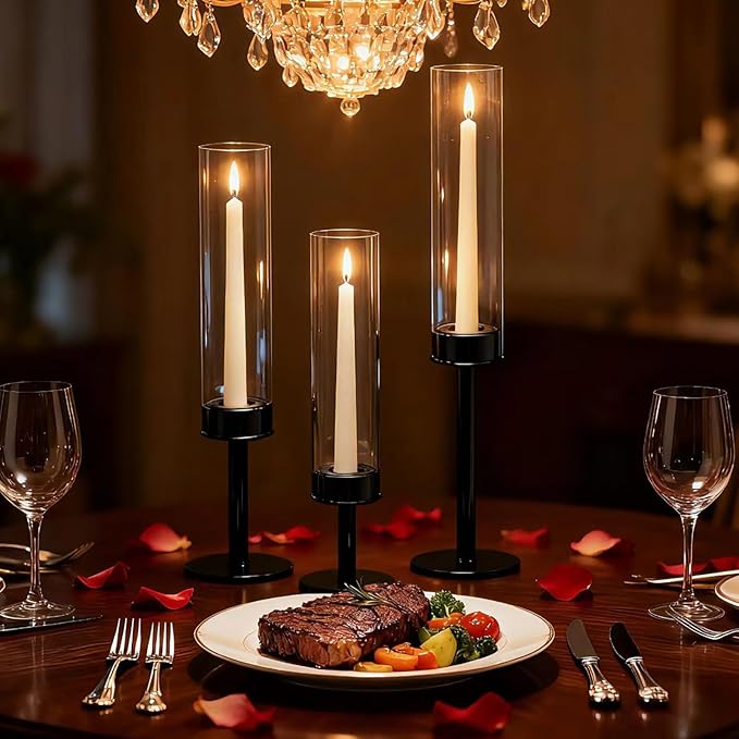 Taper Candle Holder Set, Black with Glass Hurricane – Modern Candlestick Holders for Dining Room Decor, Wedding Decor, Fall Centerpieces for Tables, Warmly Gift for Halloween and Christmas Season.