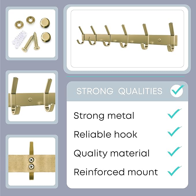 Brushed Gold Wall Mounted Coat Rack – 17 Inch Stainless Steel Rail with 6 Double Coat Hooks for Entryway, Bathroom, Bedroom, Kitchen – Modern Gold Hook Rack for Coats, Hats, Towels - 2 Pack