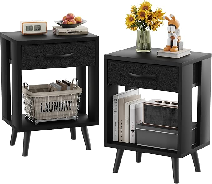 GYIIYUO Nightstands Set of 2 with Fabric Storage Drawer and Open Wood Shelf, Side Table with Storage for Bedroom, Night Stand with Drawer for Bedroom, Bedside Tables - Black 24" H