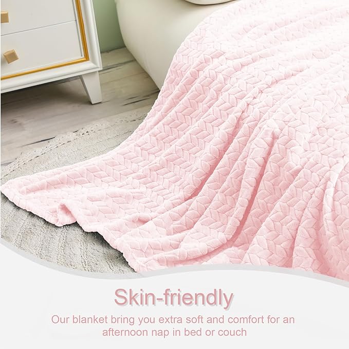 Exclusivo Mezcla Fleece Throw Blanket for Couch, 50x70 Inches Soft Cozy Jacquard Flannel Blankets, Lightweight Fuzzy Plush Warm Throws for Winter, Light Pink