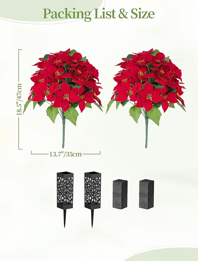 Christmas Cemetery Flowers for Grave: 2 Pcs Artificial 24 Heads Large Red Velvet Poinsettia Bouquets with Vases for Outdoor Grave Decorations