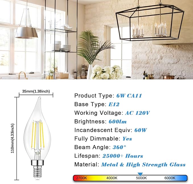 TOBUSA Dimmable E12 Candelabra LED Bulbs 60 Watt Incandescent Equivalent, 5000K Daylight White, Clear Filament Chandelier Light Bulbs 6W, 600lm, CA11 Vintage Ceiling Fan Light Bulbs with Flame Tip