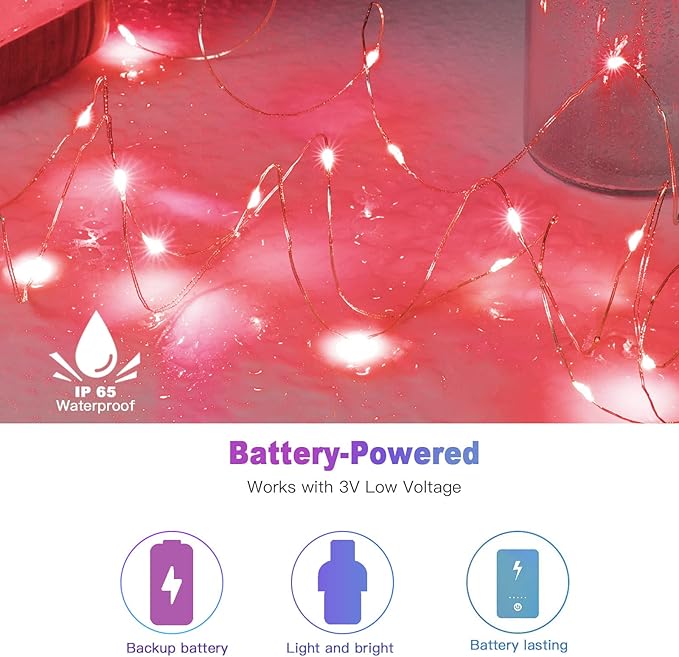 Brightown 12 Pack LED Fairy Lights, Waterproof, Red, 7 Feet, 20 LEDs, Battery Operated, Flexible Silver Wire, Safe, Energy Saving, Long-Lasting, Indoor and Outdoor Use