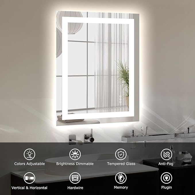 24X32 LED Bathroom Mirror with Lights, Anti-Fog, Dimmable, Backlit + Front Lit, Smart Bathroom Vanity Mirror, Memory Function, Shatterproof, Tempered Glass (Horizontal/Vertical)