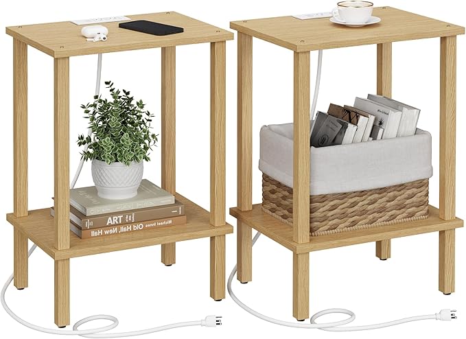 TUTOTAK End Table with Charging Station, Set of 2, Small Side Table with Outlets, Nightstand Bedside Table, 2-Tier Storage Shelf for Small Space, Living Room, Bedroom Natural TB01BN041