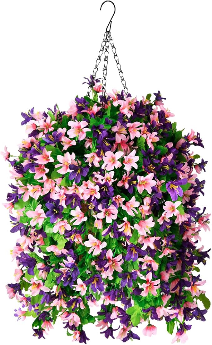 INQCMY Artificial Hanging Flowers in Basket for Outdoor Summer Decoration,4pcs Faux Silk Violet in Planter UV Resistant for Outside Home Patio Garden Proch Deck Decor(Pink Purple)