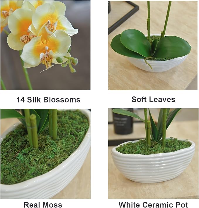 Large Artificial Potted Orchid Plant, Silk Flower Arrangement with Ceramics Vase, Yellow