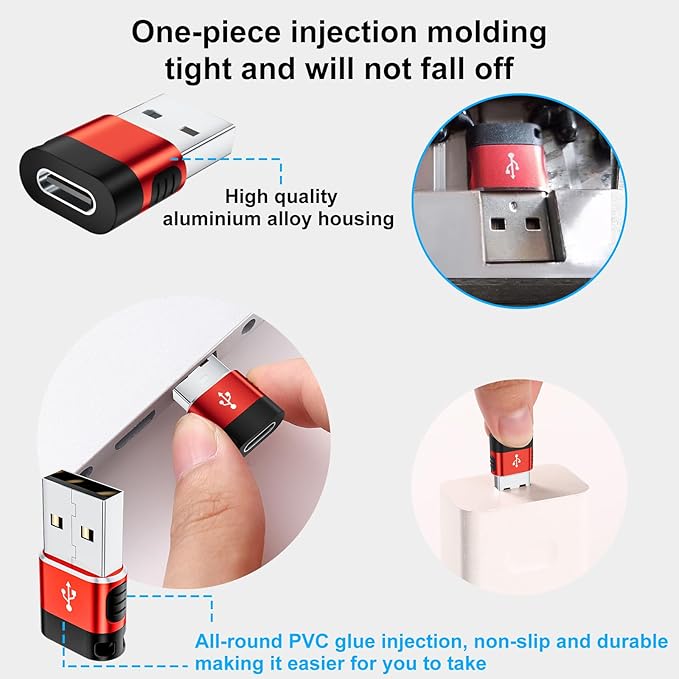 USB to USB C Adapter 6 Pack,USB Type C Adapter,USB A to C Adaptor,USBC Female USBA Male Converter for iPhone 16 15 14 13,MacBook,iPad,Car Play,Charger,Red