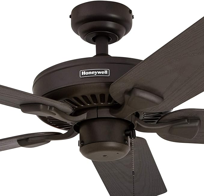 Honeywell Ceiling Fans Belmar 52 Inch Ceiling Fan Without Light, Outdoor Ceiling Fan with Pull Chain, Tri-Mount Traditional 5 Blade Design, ETL Wet Rated, Bronze (50199-01)
