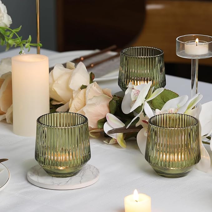 LAMORGIFT 12 Pcs Large Green Ribbed Glass Tea Light Holders - 3.15" x 3.15" - Green Wedding Decor, Table Centerpieces