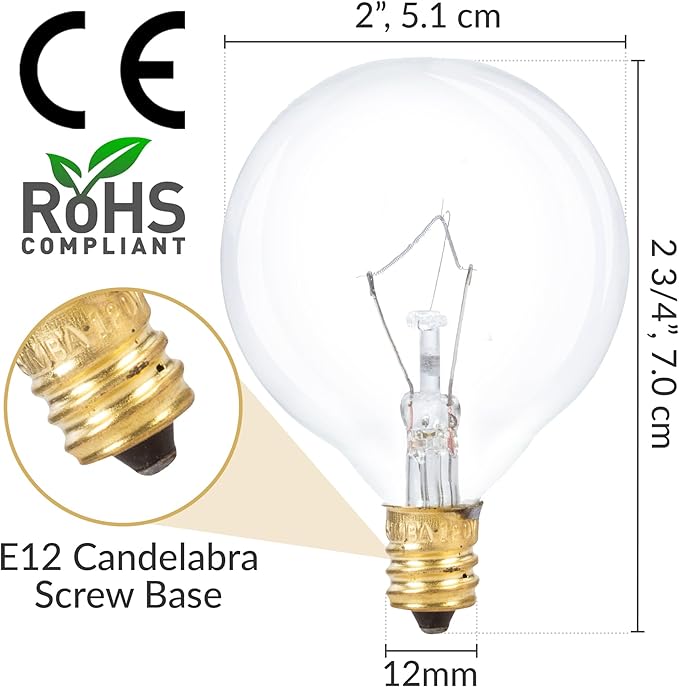 Simba Lighting Small Globe G16.5 Round Bulb 25W E12 Candelabra Base (10 Pack) for Chandelier, Ceiling Fan, Decorative Vanity Lights, Sconce, Aromatic Wax Warmer, Clear Glass 110V 120V 2700K Warm White