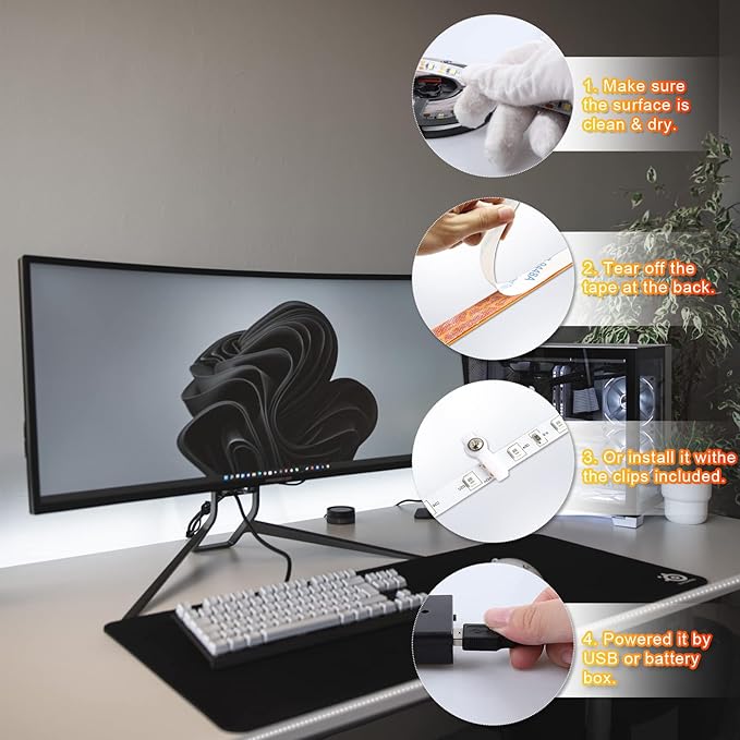 16.4FT Daylight White LED Strip Light with USB Plug+Battery Box Operated, 6000K Soft White Ribbon Strip, Adhesive 300LED Flexible Strip Tape for Kitchen Bedroom Under Cabinet TV Computer