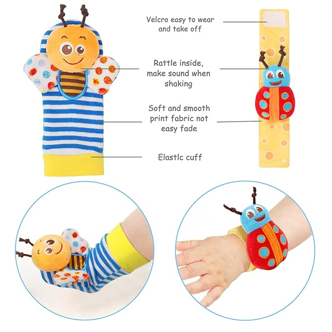 Wrist Rattles Foot Finder Rattle Sock Baby Toy, Rattle Toy, Arm Hand Bracelet Rattle, Feet Leg Ankle Socks, Activity Rattle Present Gift for Newborn Infant Babies Boy Girl Bebe (8 pcs-A)