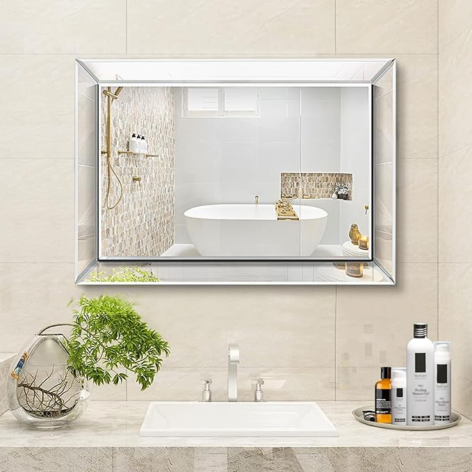 Pregaspor Frameless Bathroom Mirror - 20" x 30" Rectangular, Polished Beveled Edge for Washroom