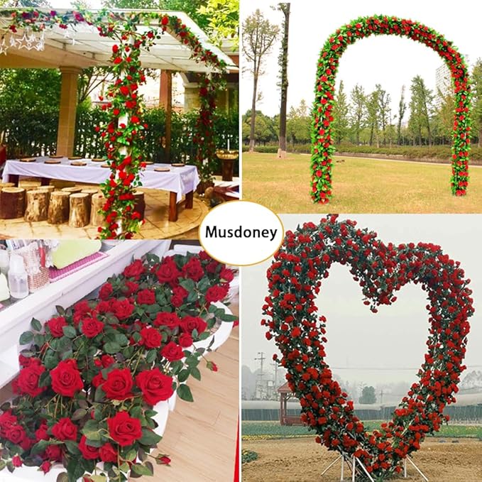 Musdoney 4Pcs 32.2 FT Fake Rose Vine Flowers Plants Artificial Flower Garland Hanging Rose Ivy Home Hotel Office Wedding Party Garden Craft Art Decor (Red)