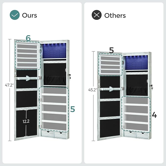 SONGMICS 6 LEDs Mirror Jewelry Cabinet, 47.2-Inch Tall Lockable Wall or Door Mounted Jewelry Armoire Organizer with Mirror, 2 Drawers, Christmas Gift, 3.9 x 14.6 x 47.2 Inches, Rustic Green
