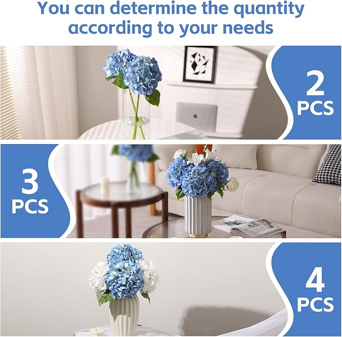 Nubry 22.44In Blue Hydrangea Artificial Flowers, 2Pcs Latex Faux Real Touch Large Hydrangea Flowers with Long Stems & Leaves for Home Office Decor Wedding Party Arrangements(Blue)