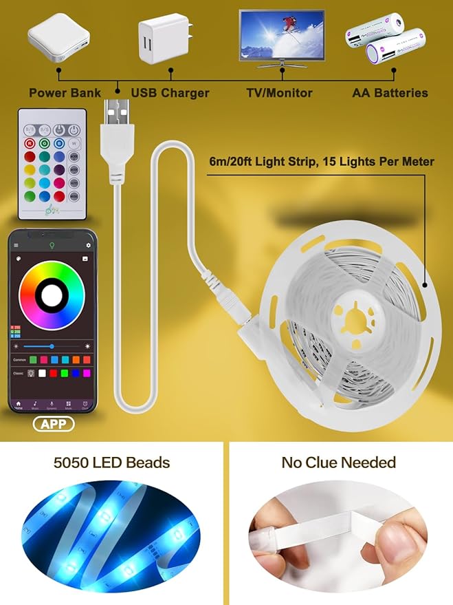 Led Lights for TV, 13.2ft TV Led Backlight 32-65 Inch, USB Led Light Strip with Remote, App Control, RGB Led Strip Lights Music Sync Color Changing Led Lights for Bedroom, Gaming Accessories