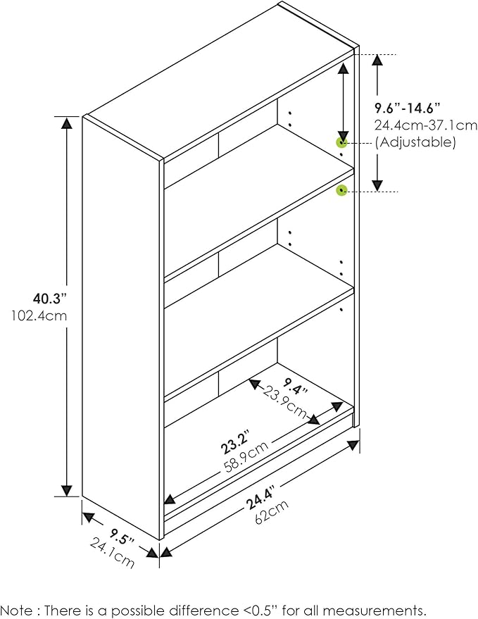 Furinno JAYA Book Shelf, 3-Tier Bookshelf, Bookcase with Adjustable Shelves, 9.5 x 24.5 x 40.3, for Living Room, Bedroom, Home Office, Blackwood