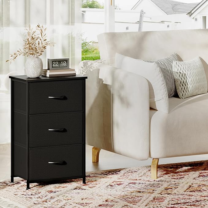 Somdot Dresser for Bedroom with 3 Drawers, Storage Organizer Chest of Drawers with Removable Fabric Bins for Closet Bedside Living Room Laundry Entryway Hallway, Black