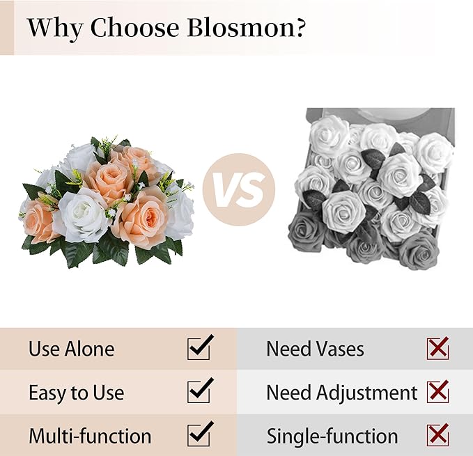 BLOSMON Flower Balls for Wedding Centerpieces: 10pcs Peach Fuzz 9.5 Inch Fake Rose Kissing Ball Decor Artificial Floral Arrangements Silk Bouquet with Base Home Party Room Table DIY Decorations