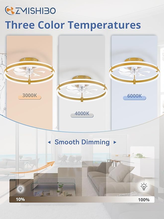 ZMISHIBO Ceiling Fans with Lights and Remote, 19.7'' Low Profile Ceiling Fan, 3000-6000K Dimmable Modern Flush Mount LED Fan Light, 6 Wind Speeds, Gold Fandelier Ceiling Fans for Bedroom