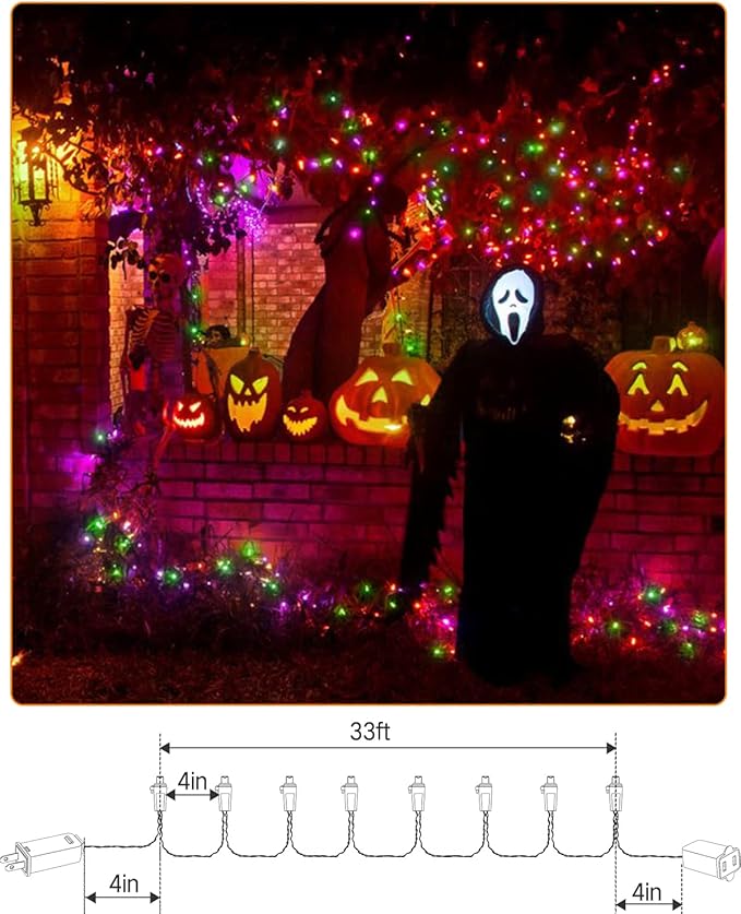 Brizled Purple Orange Green Halloween Lights, 33ft 100 LED 5MM Wide Angle Halloween String Lights, 120V UL Certified Connectable Mini Light Set for Indoor Outdoor Home Garden Patio Yard Party Decor